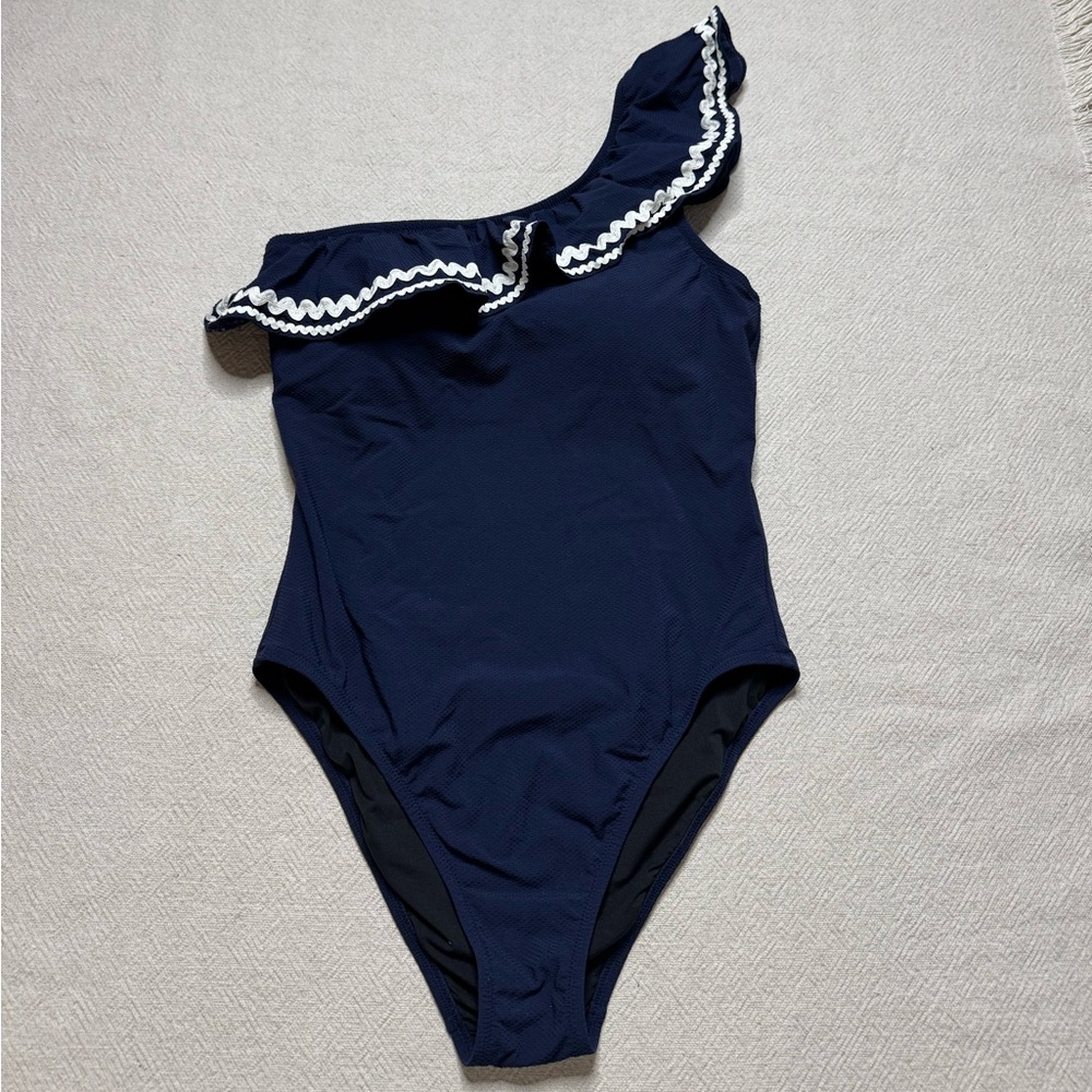 JCREW Navy Blue Textured Ric Rac Ruffle One Shoulder Swimsuit 8 - Picture 2 of 8